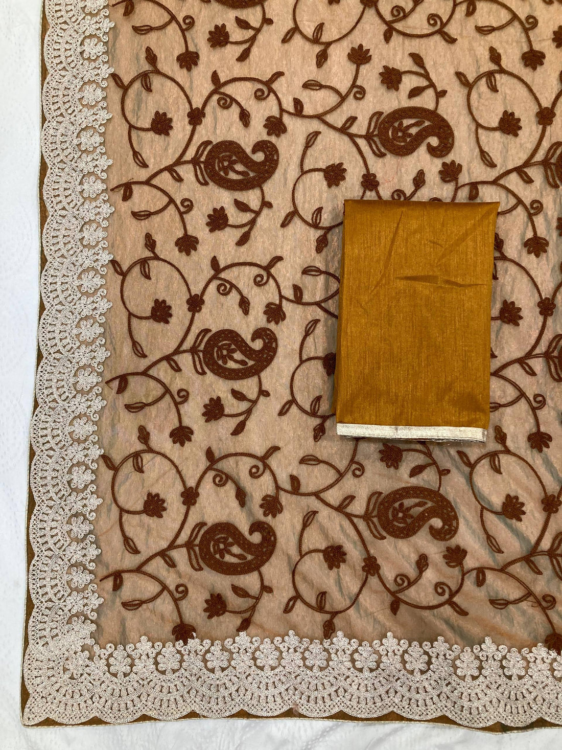 Brown Embroidered Net Saree with Floral Detailing and Sequins