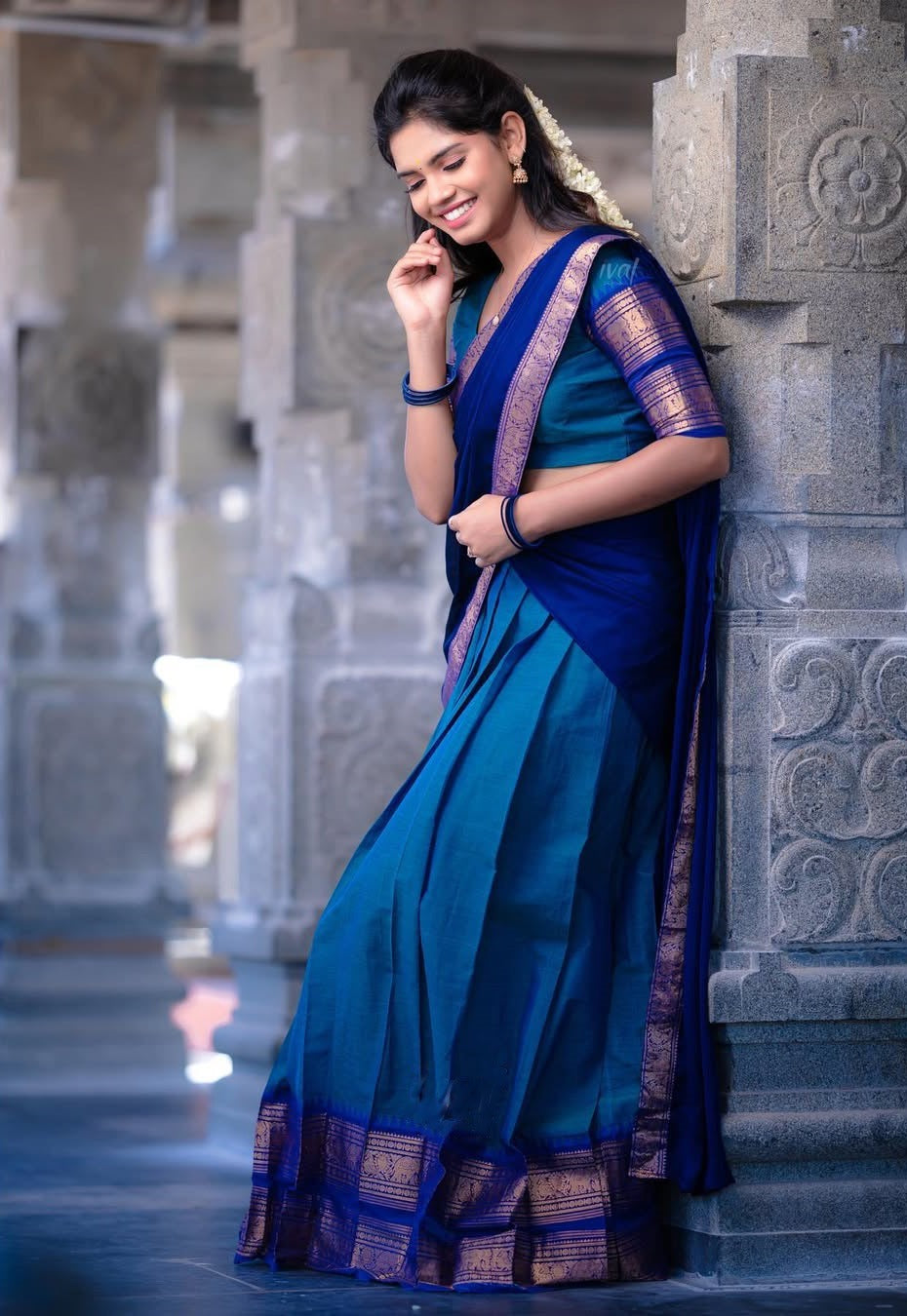 Royal Blue Silk Lehenga Choli with Golden Zari Border and Dupatta
