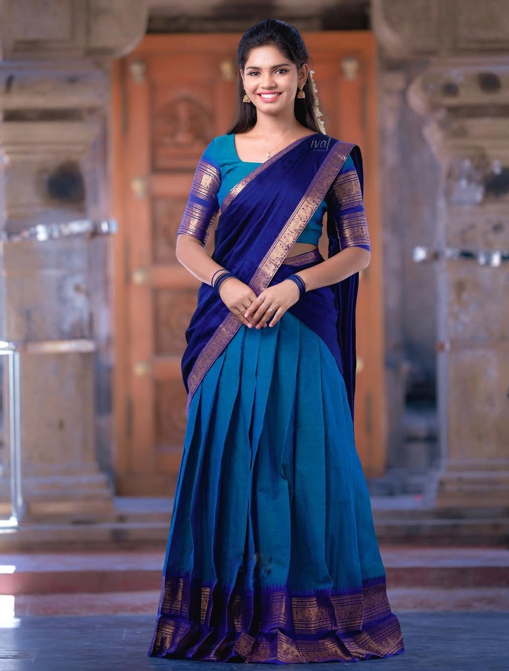 Royal Blue Silk Lehenga Choli with Golden Zari Border and Dupatta