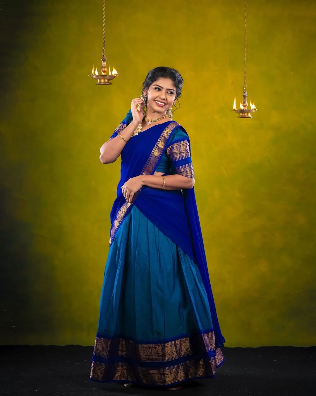 Royal Blue Silk Lehenga Choli with Golden Zari Border and Dupatta