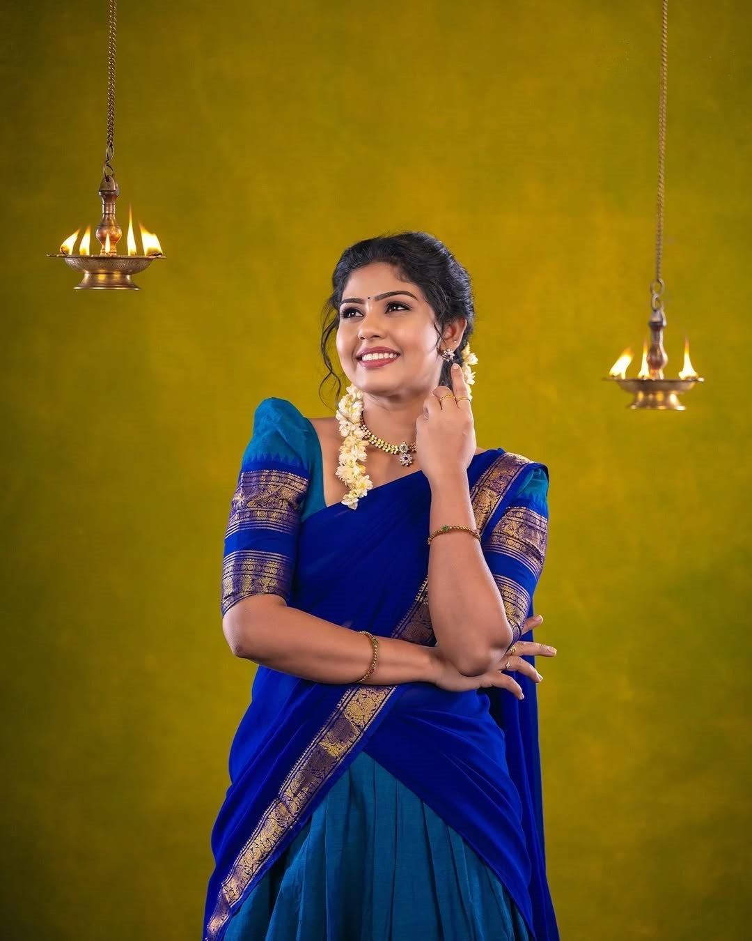 Royal Blue Silk Lehenga Choli with Golden Zari Border and Dupatta