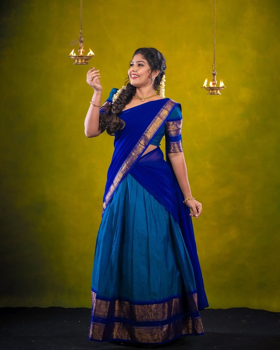 Royal Blue Silk Lehenga Choli with Golden Zari Border and Dupatta