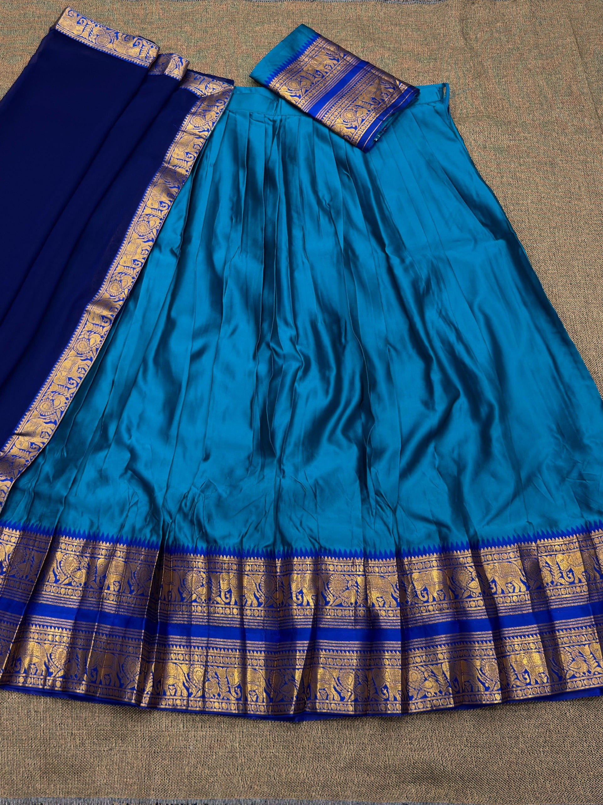 Royal Blue Silk Lehenga Choli with Golden Zari Border and Dupatta