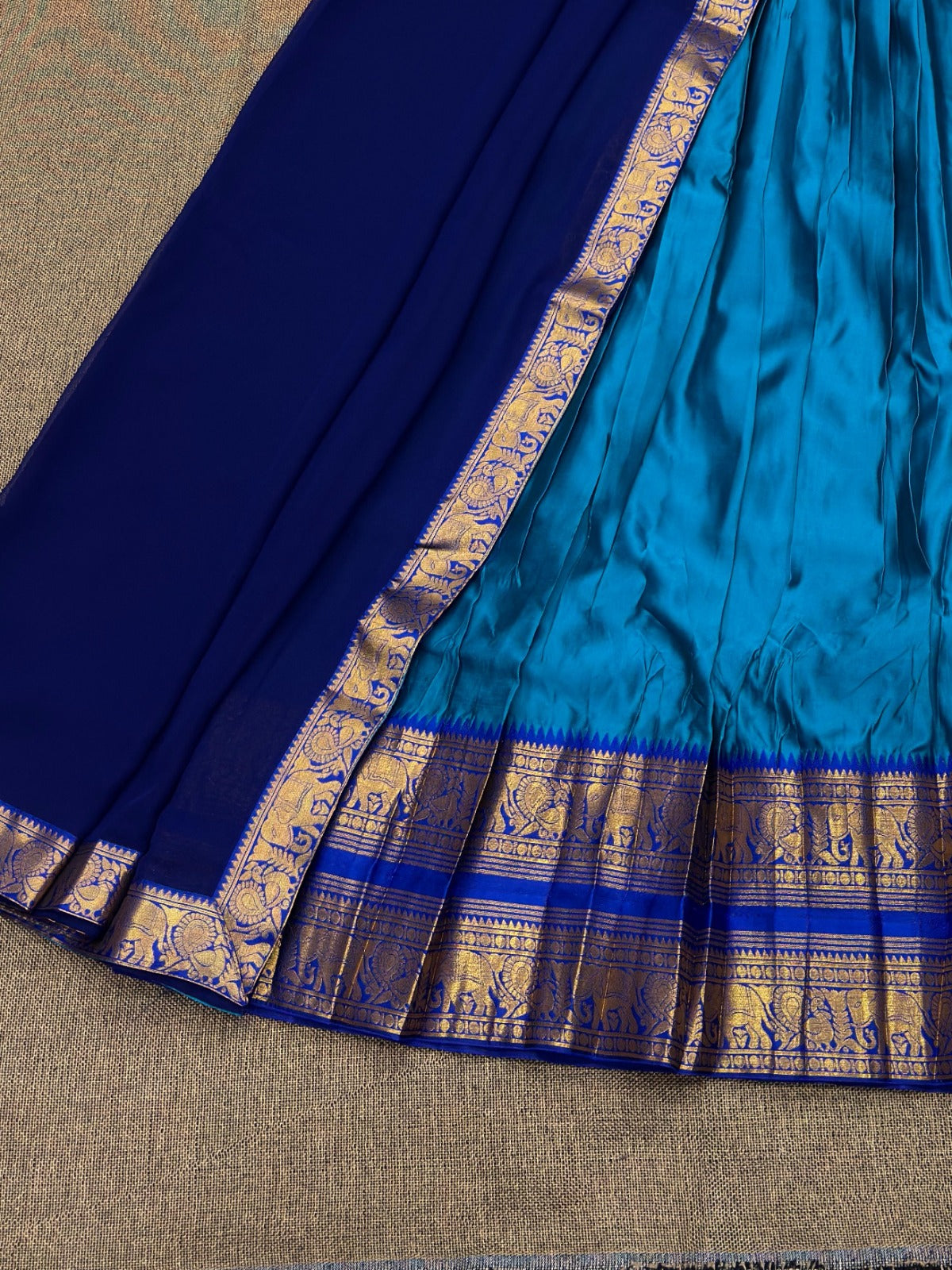 Royal Blue Silk Lehenga Choli with Golden Zari Border and Dupatta