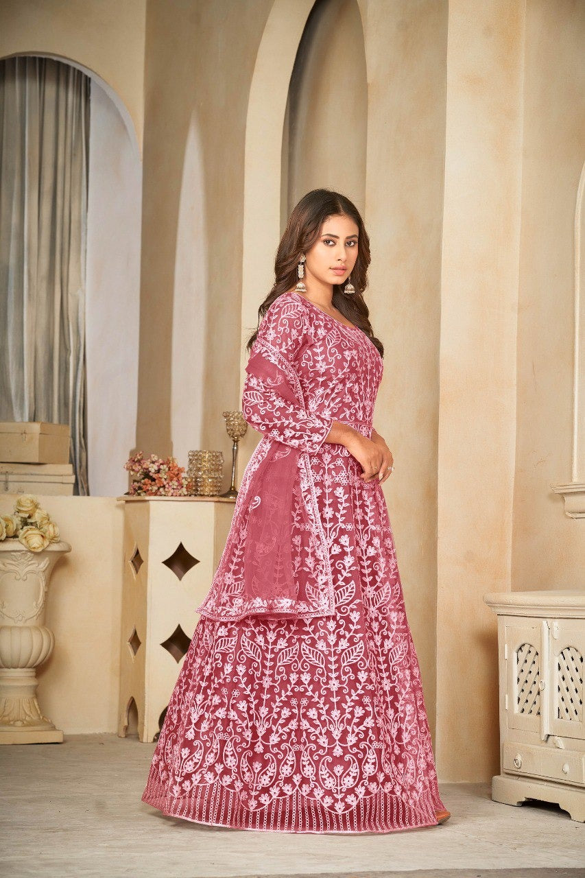 Rose Pink Embroidered Anarkali Suit with Dupatta