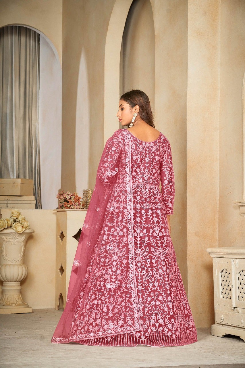 Rose Pink Embroidered Anarkali Suit with Dupatta