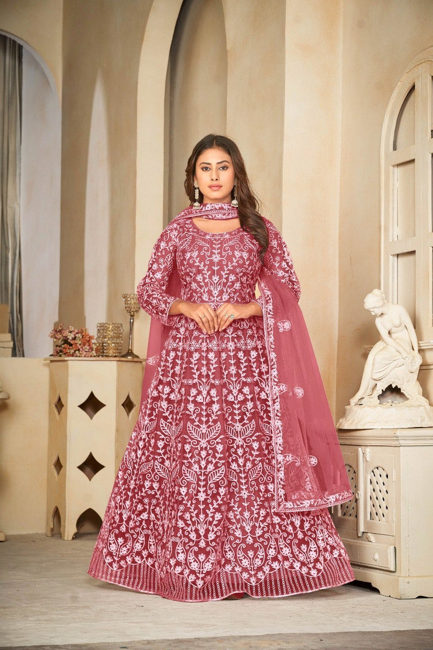 Rose Pink Embroidered Anarkali Suit with Dupatta