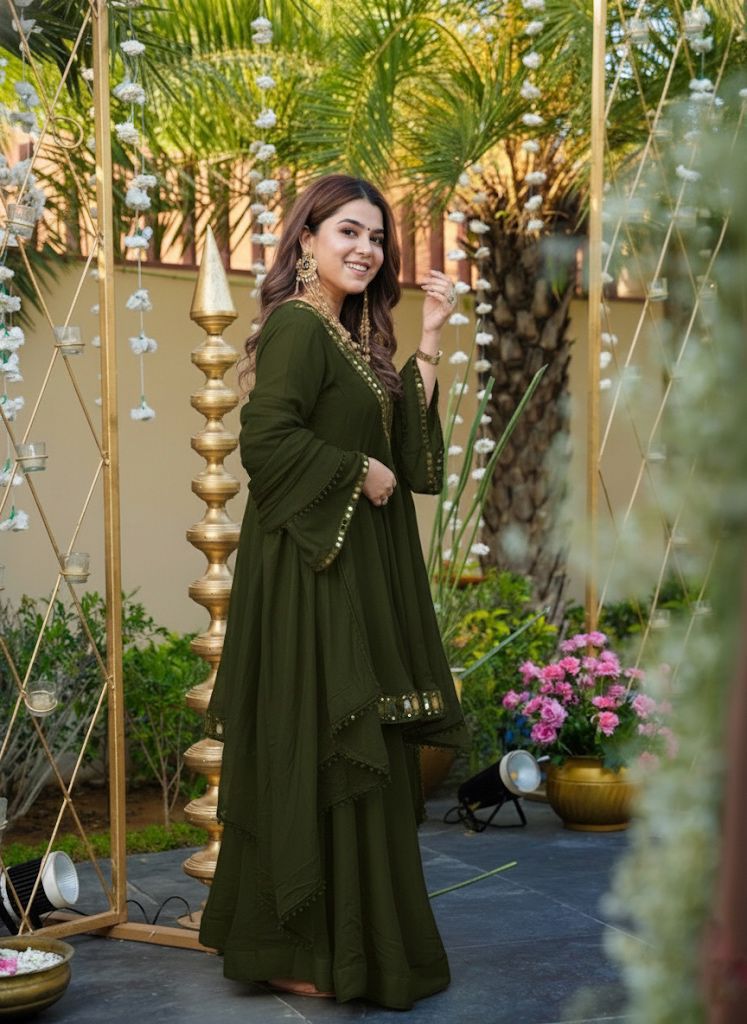 Designer Chinon Silk Mirror Work Suit Set with Dupatta & Palazzo