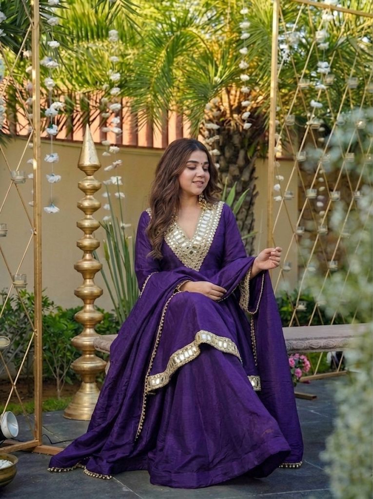 Designer Chinon Silk Mirror Work Suit Set with Dupatta & Palazzo