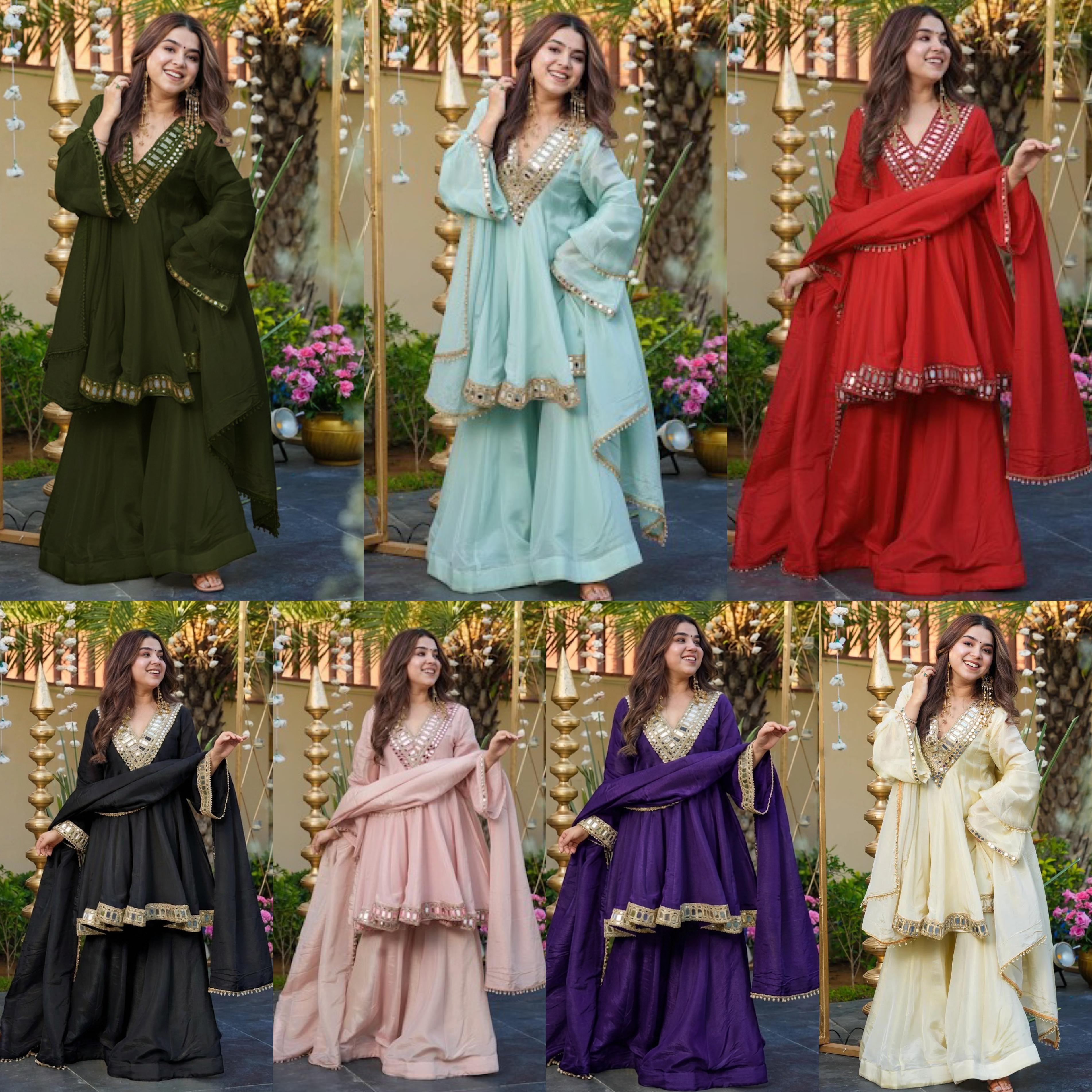 Designer Chinon Silk Mirror Work Suit Set with Dupatta & Palazzo