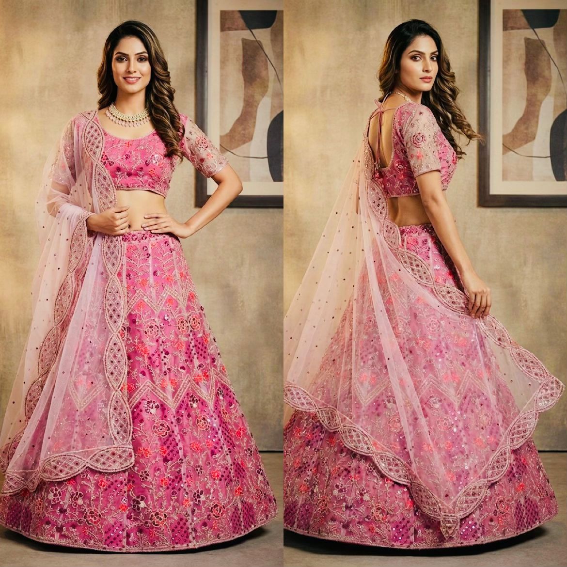Premium 3.5 Meter Flared Butterfly Net Lehenga Set with Sequins Embroidery