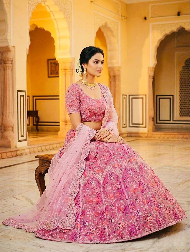 Premium 3.5 Meter Flared Butterfly Net Lehenga Set with Sequins Embroidery