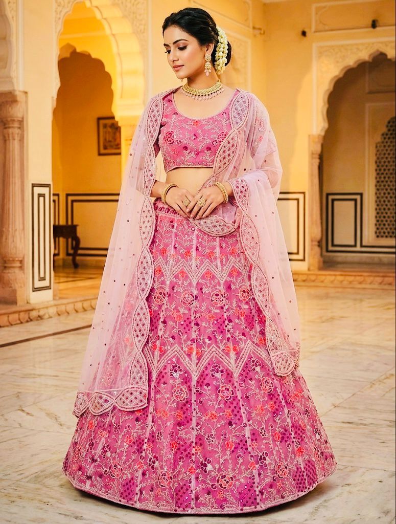 Premium 3.5 Meter Flared Butterfly Net Lehenga Set with Sequins Embroidery