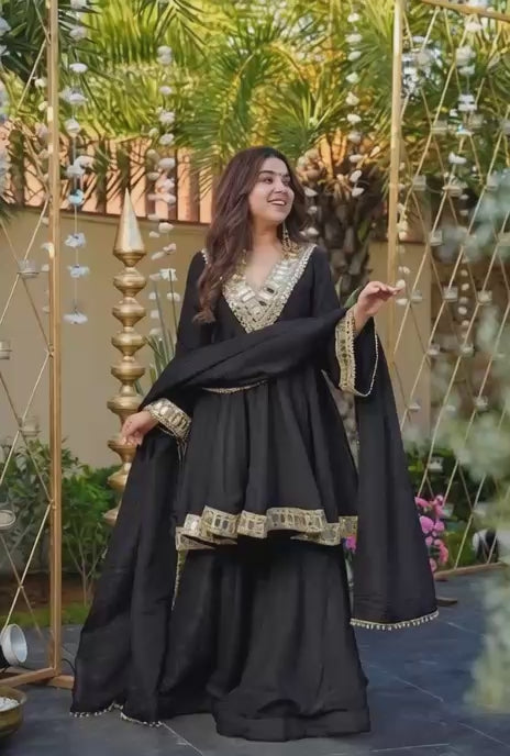 Designer Chinon Silk Mirror Work Suit Set with Dupatta & Palazzo