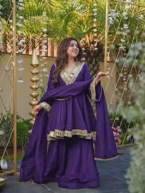 Designer Chinon Silk Mirror Work Suit Set with Dupatta & Palazzo