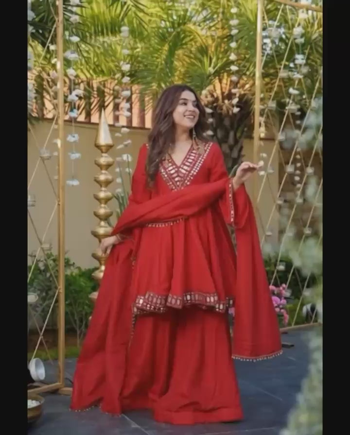 Designer Chinon Silk Mirror Work Suit Set with Dupatta & Palazzo