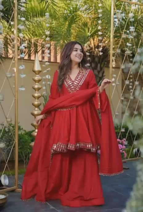 Designer Chinon Silk Mirror Work Suit Set with Dupatta & Palazzo